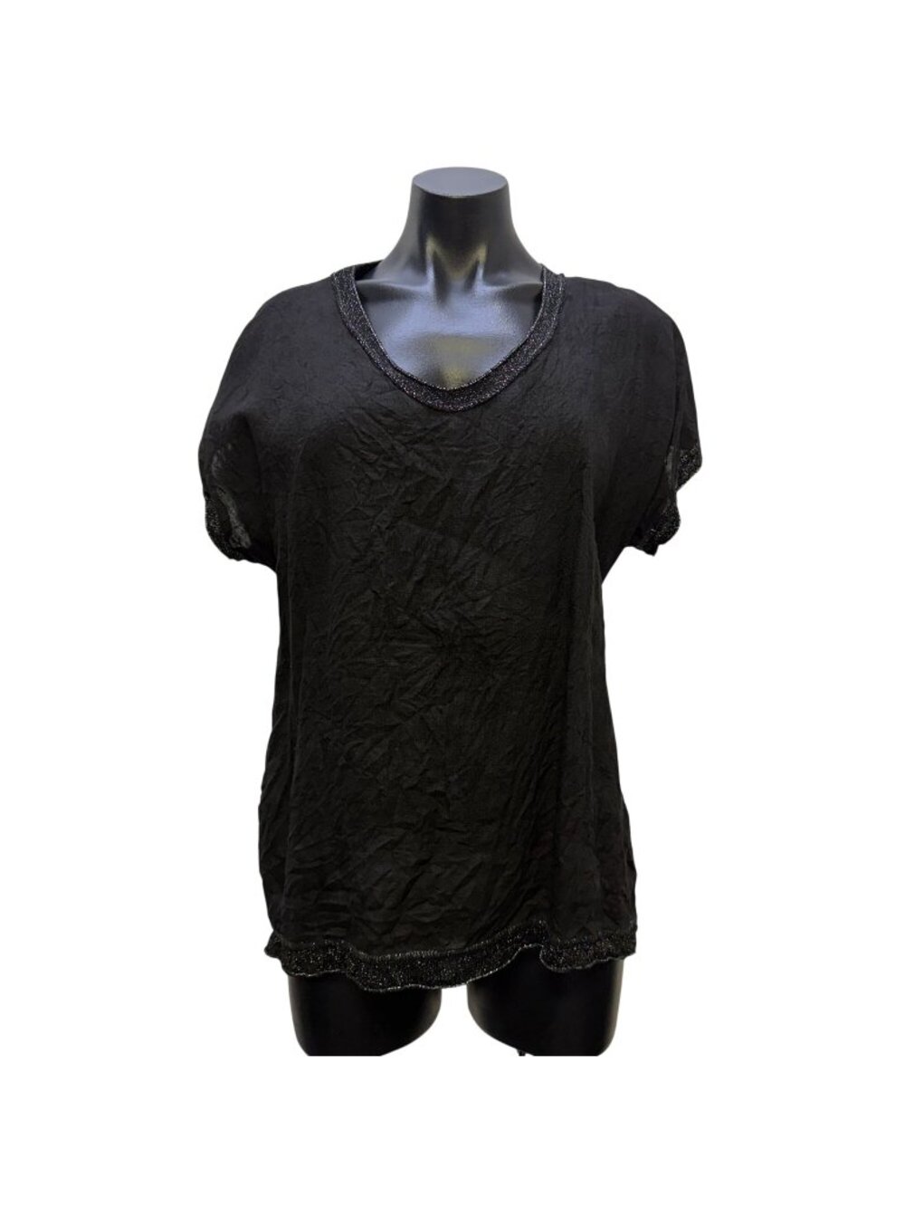 Tempo Paris Black Linen Blouse With Glitter Trim Size S